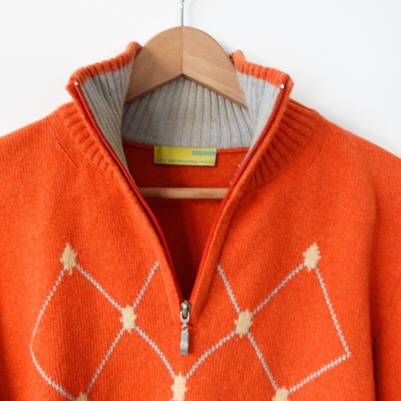 VINTAGE Argyle Wool Sweater Mens Small Knit‎ Orange Jumper Italian 90s LPT ITALY - Picture 7 of 14